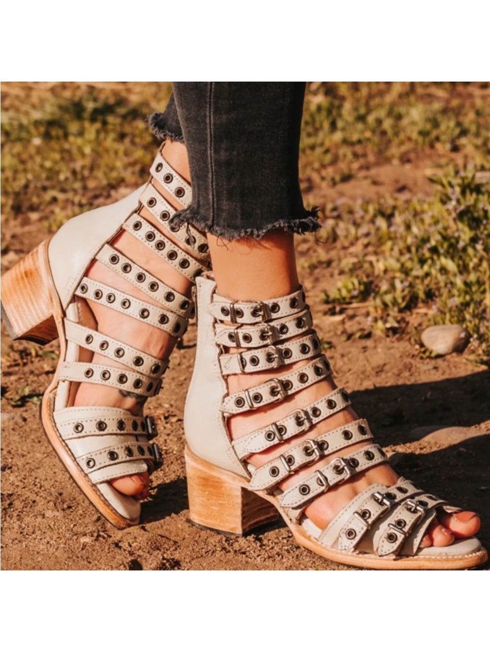 Freebird Cassandra Gladiator Studded Multi-Strap Block Heel Booties Size 8